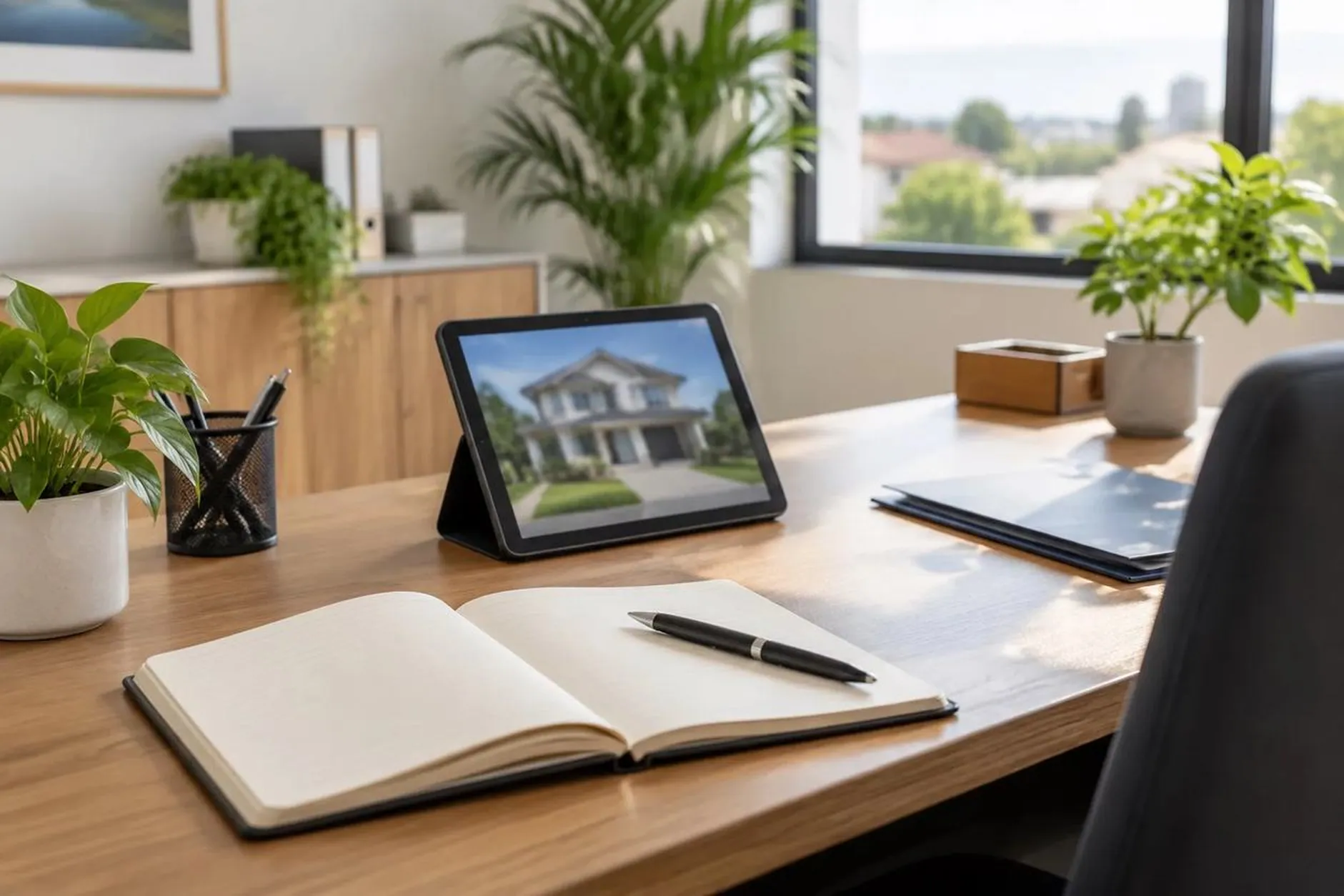 Mesa do corretor com tablet e anotações da cotação